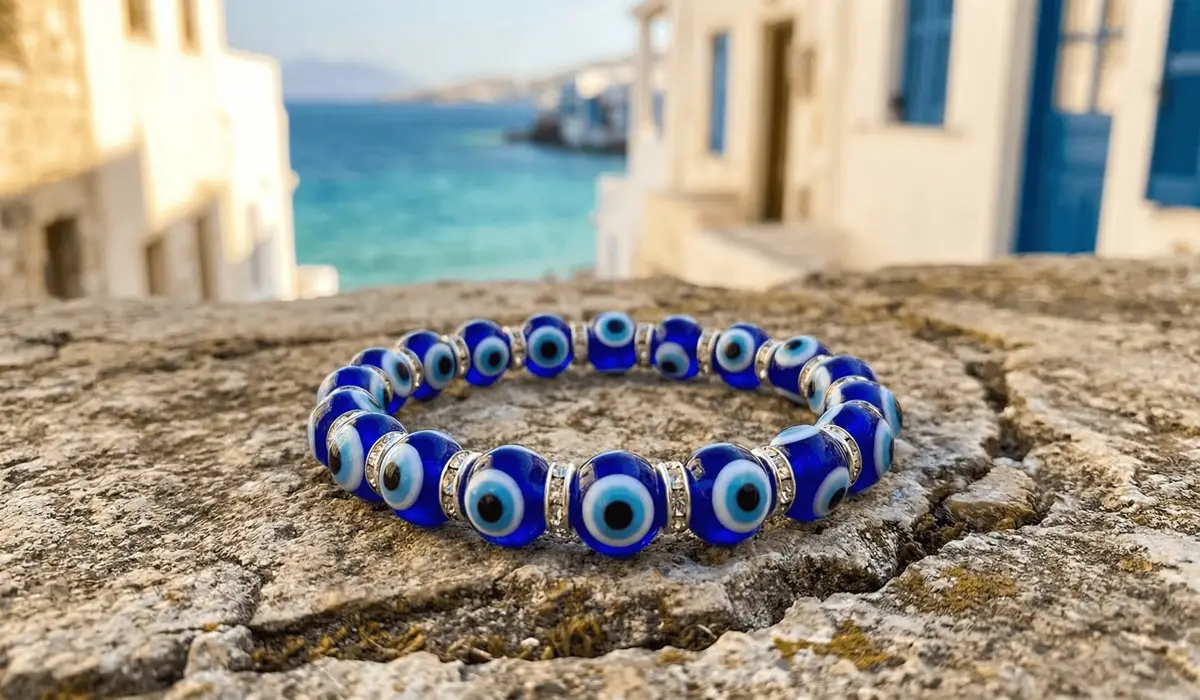 Traditional blue glass Nazar evil eye bracelet on an ancient stone surface, symbolizing spiritual protection and cultural heritage.