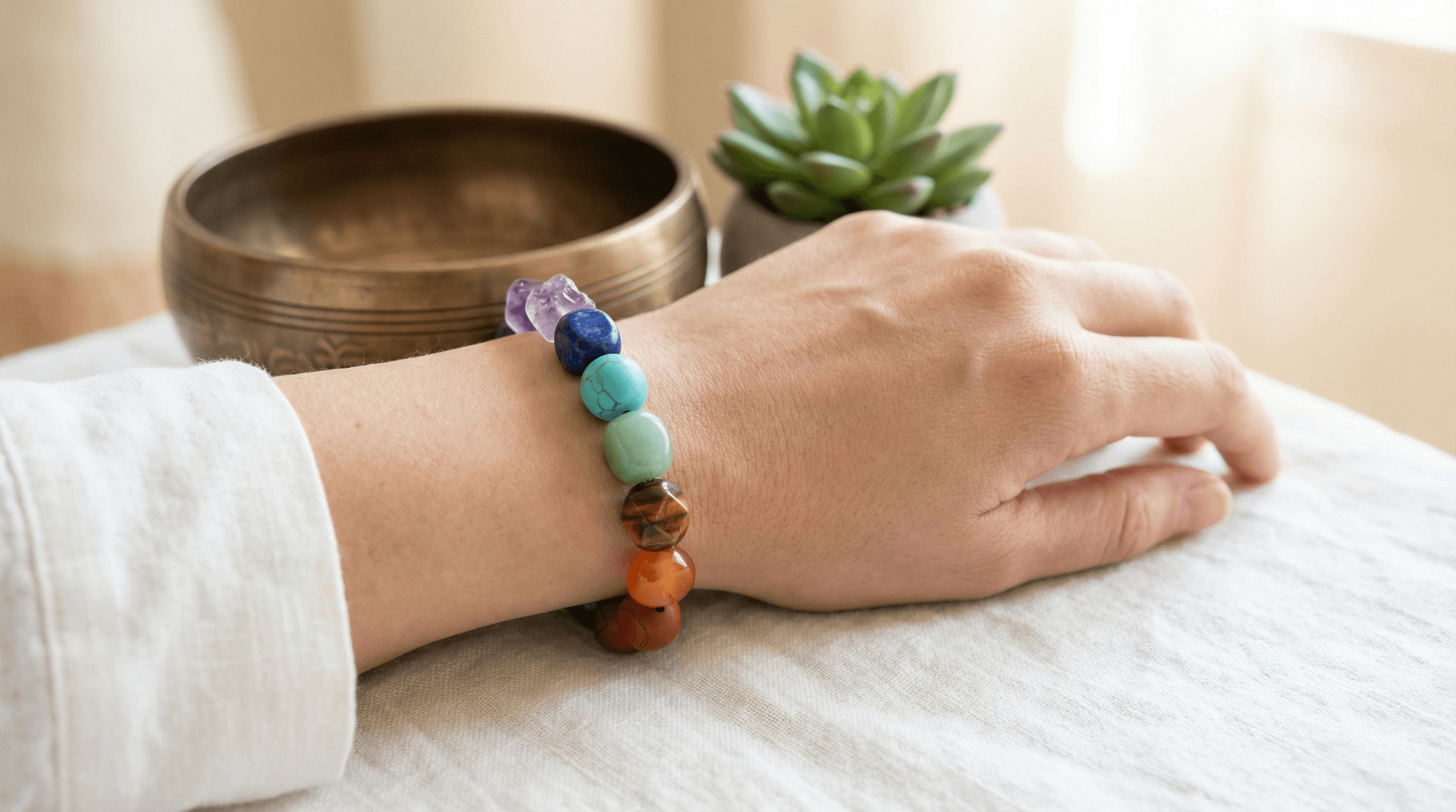 A person wearing a genuine 7 chakra bracelet on their left hand during a mindfulness practice.