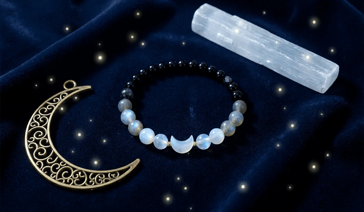 Moonstone bracelet surrounded by celestial accessories illustrating its spiritual symbolism and lunar connection.