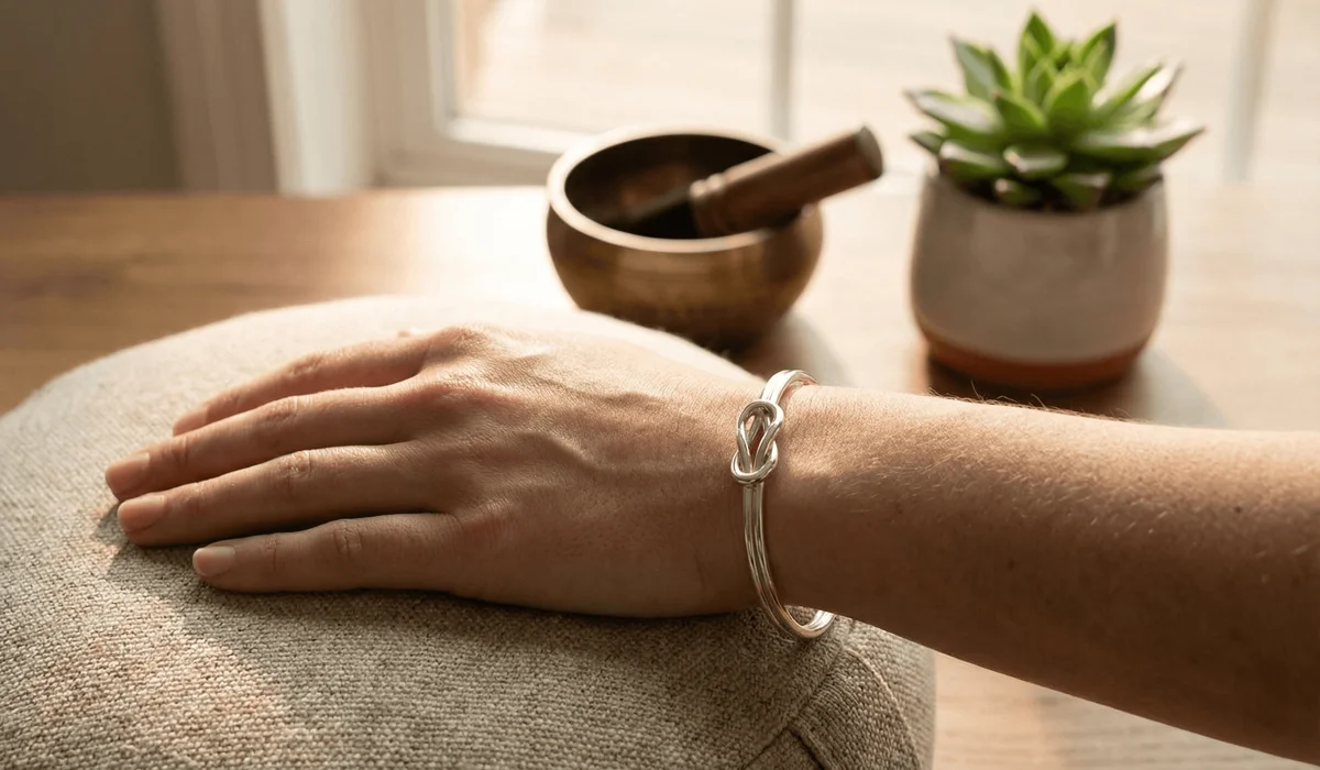 A person wearing a silver Endless Knot bracelet on their left wrist for energy protection and spiritual mindfulness.