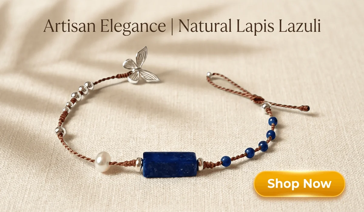 S925 Silver Butterfly and Lapis Lazuli Braided Cord Bracelet with pearl detail presented on a soft linen background