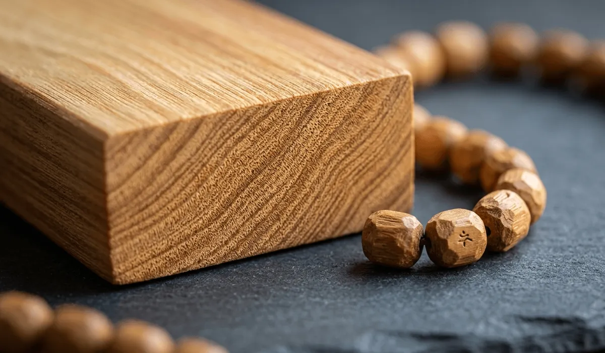 Macro view of authentic sandalwood heartwood showing fine grain and waxy texture for identification.