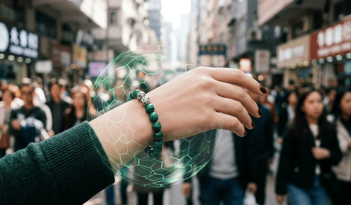A woman wearing a Malachite bracelet which creates a protective green energy shield in a busy environment.