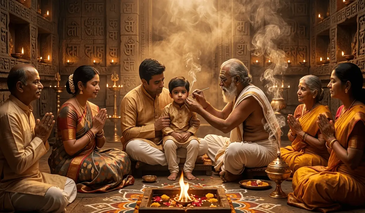 Ancient Vedic Karnavedha ritual showing a traditional ear piercing ceremony as a sacred spiritual rite of passage.