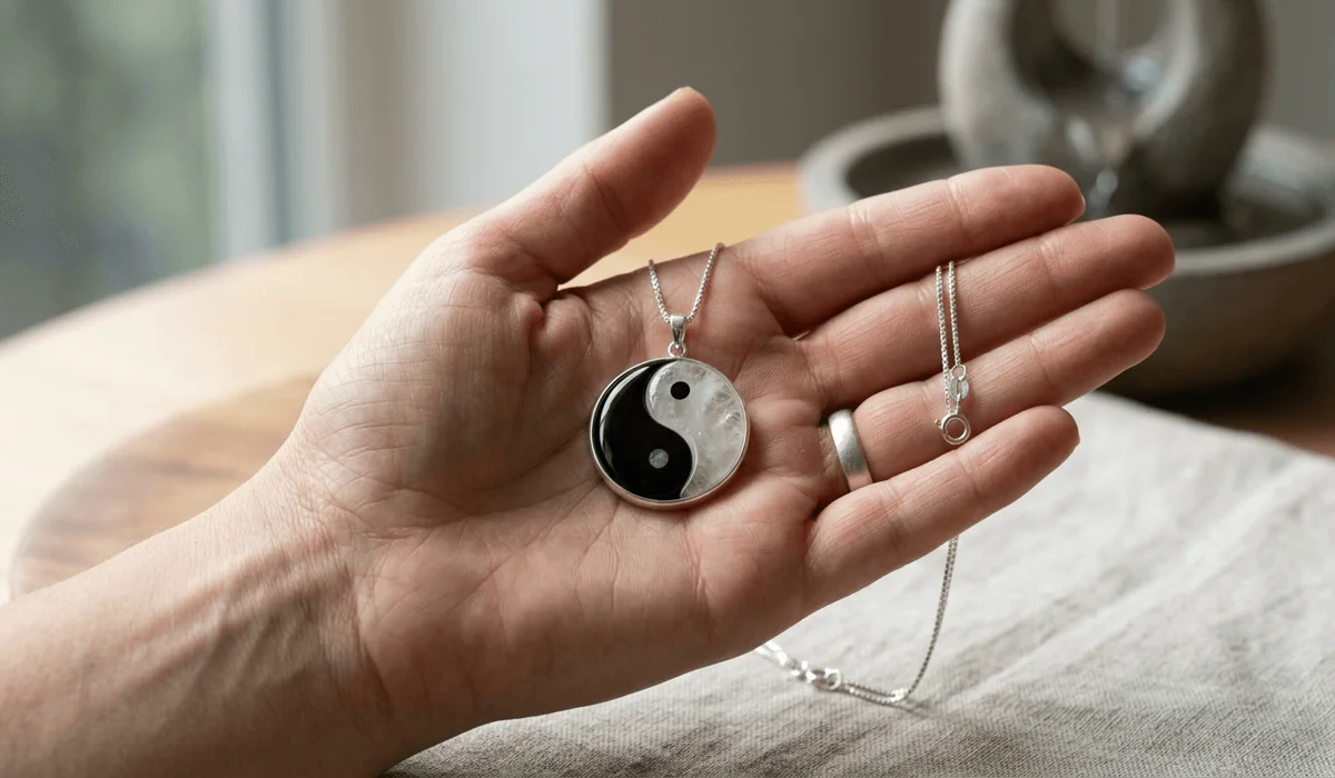 Yin Yang balance pendant in a hand, symbolizing emotional harmony and the dualism of Zen philosophy.