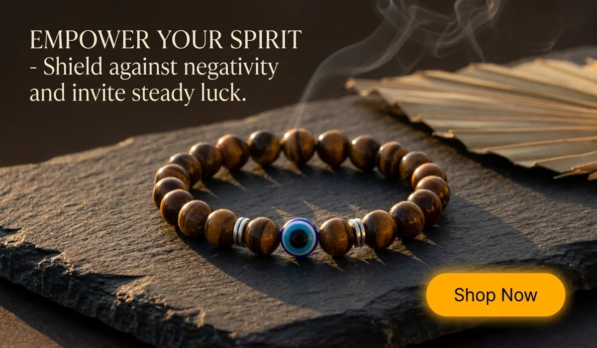 Negativity-Blocking Evil Eye Tiger's Eye Bracelet for protection and steady luck, featured on a premium stone background with a Shop Now button.