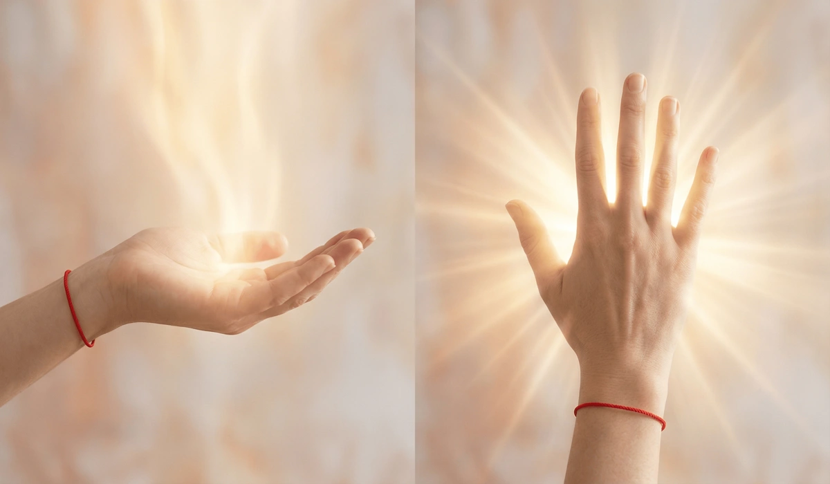 Comparison of wearing a red string bracelet on the left hand for receiving energy versus the right hand for expressing intentions.