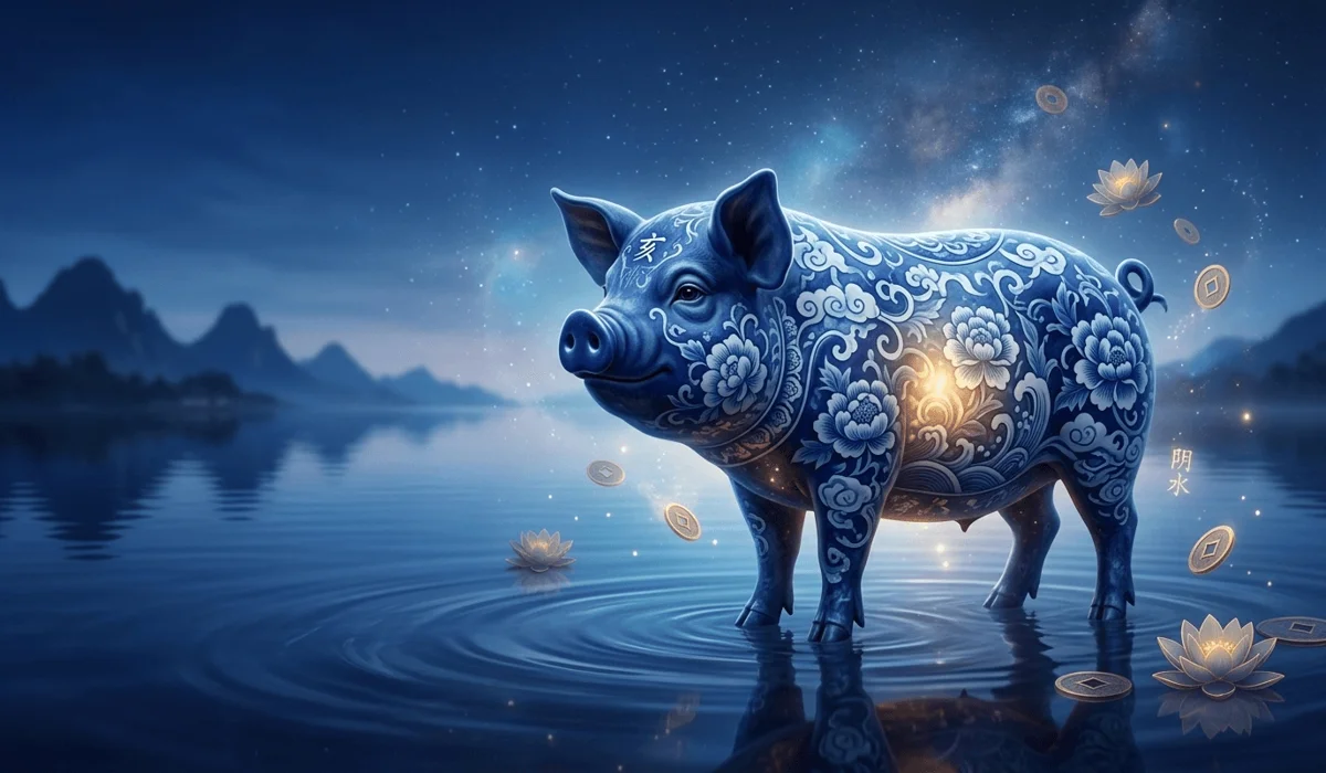 Spiritual representation of the Year of the Pig zodiac sign featuring Yin Water elements and a peaceful atmosphere symbolizing abundance and tranquility.