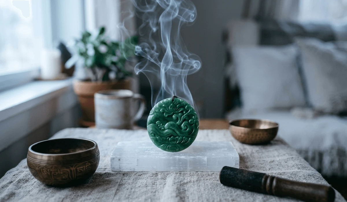 Cleansing and charging a real jade pendant on a selenite bowl with sage smoke under moonlight