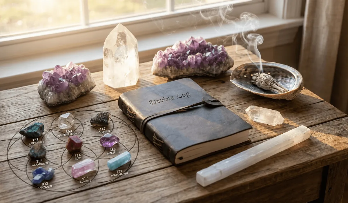 Spiritual tools for angel numbers including a manifestation journal, crystals like amethyst and quartz, and burning sage on a wooden table.