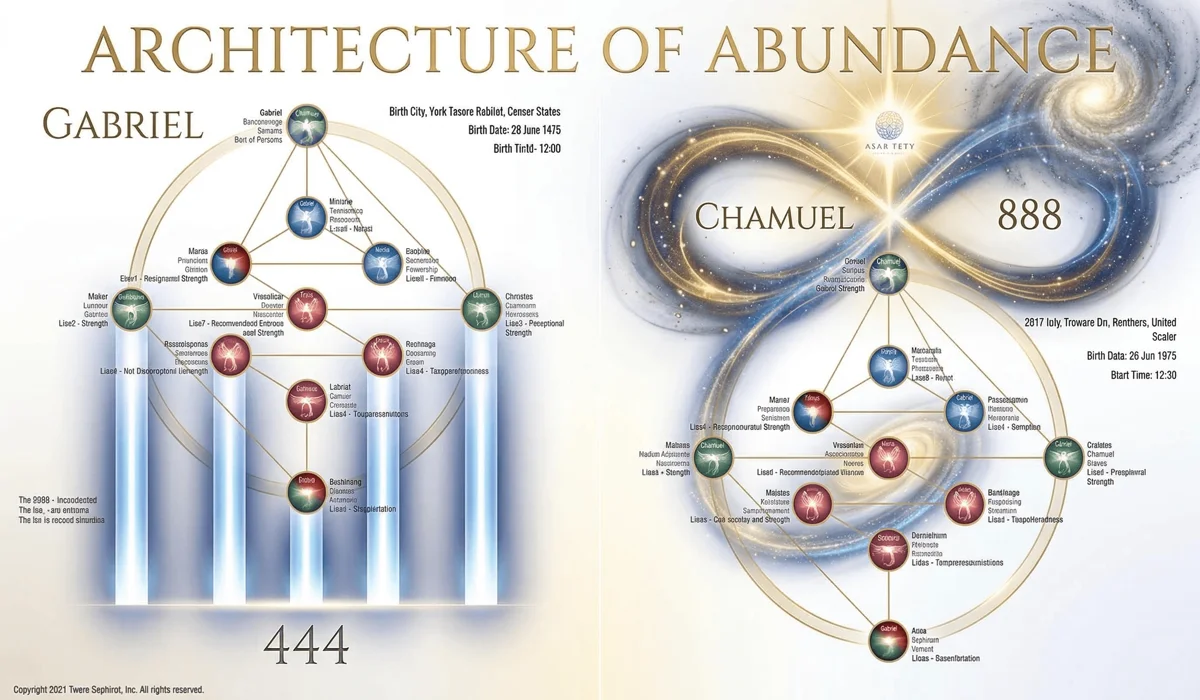 Conceptual 3D visualization of 444 as business foundation pillars and 888 as an infinity loop of financial energy.