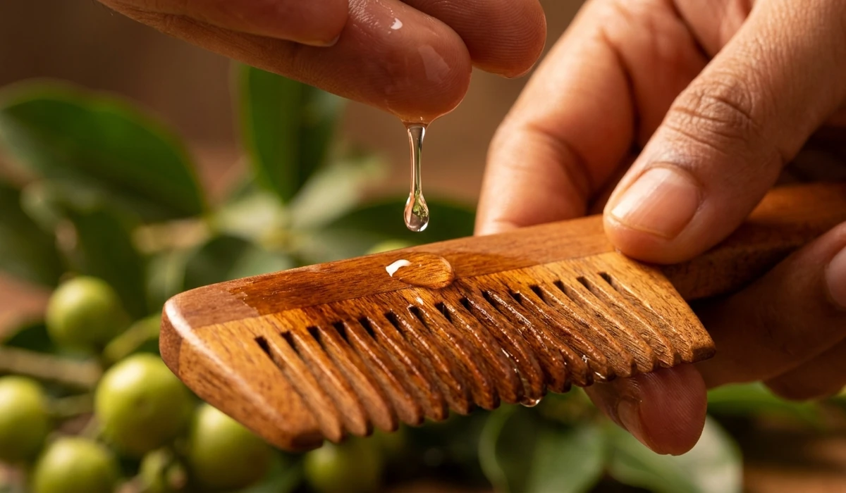 Applying natural oil to a wooden comb to seal the grain and prevent cracking.