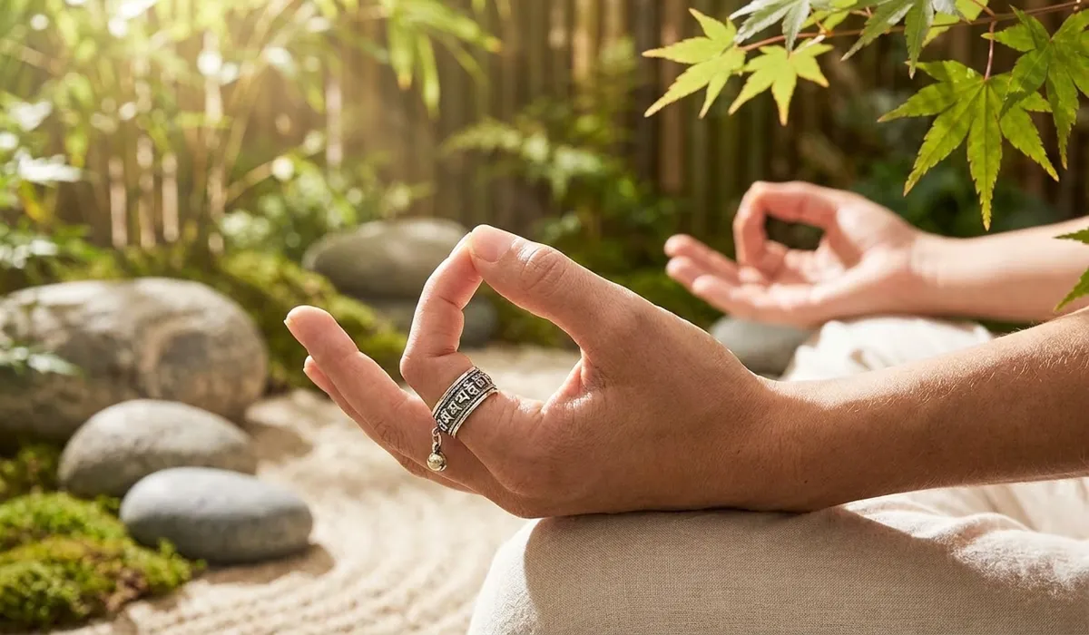 A person using a silver spinner ring for mindfulness and grounding in a peaceful outdoor setting.