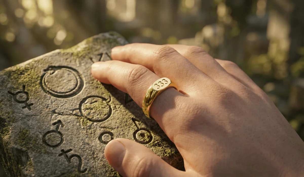 Close-up of a gold 333 angel number ring symbolizing divine protection and mindfulness in the modern age.