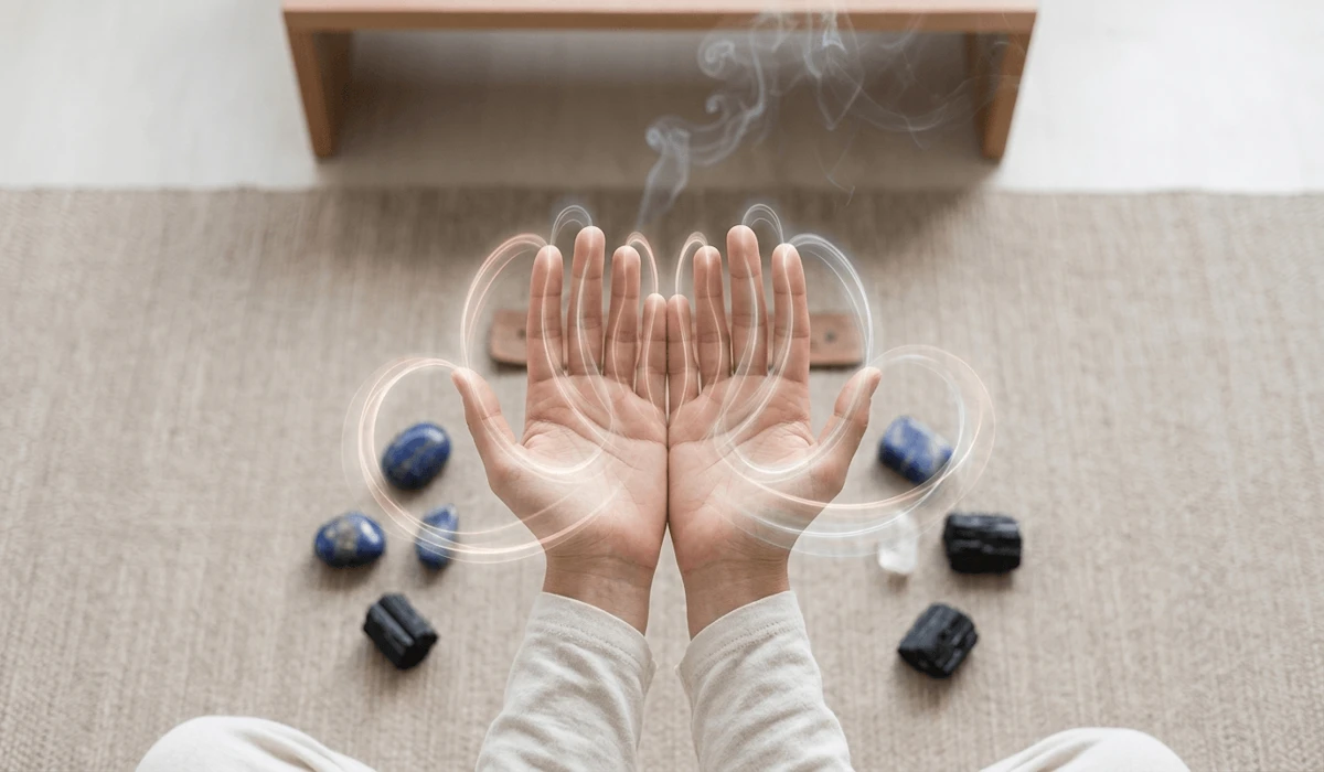 A practitioner performing the Hamsa Mudra during meditation to redirect Prana energy and protect the aura.