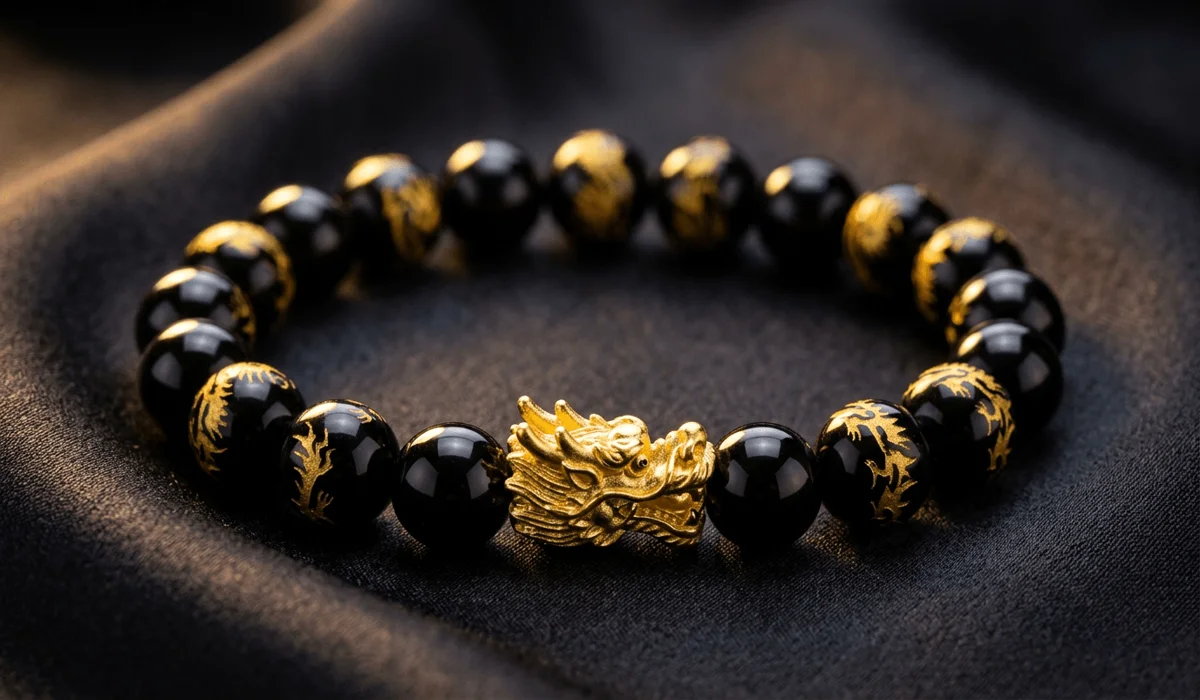 Detailed macro shot of a black obsidian and gold dragon bracelet resting on dark silk fabric for Feng Shui practices.