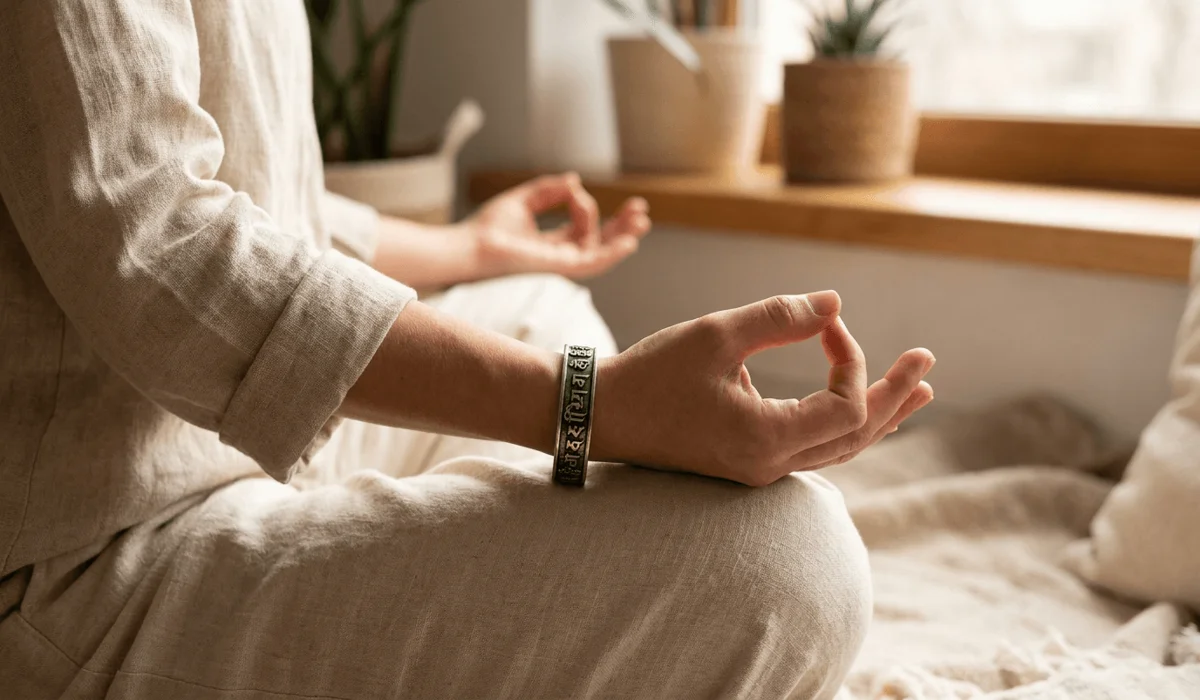 A person wearing an oxidized Tibetan silver bracelet on their left wrist during a peaceful meditation practice.