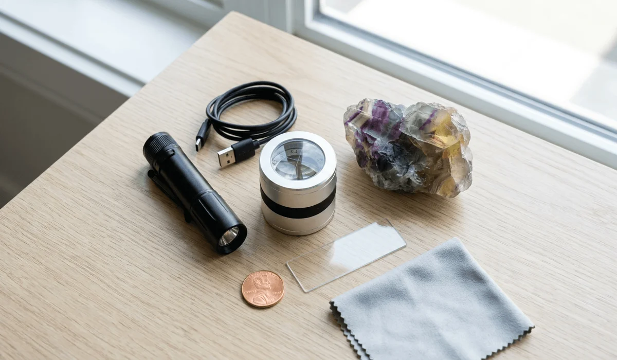 Essential inspection tools for authenticating genuine fluorite crystal including a jeweler's loupe, UV blacklight flashlight, copper coin, and microfiber cloth.