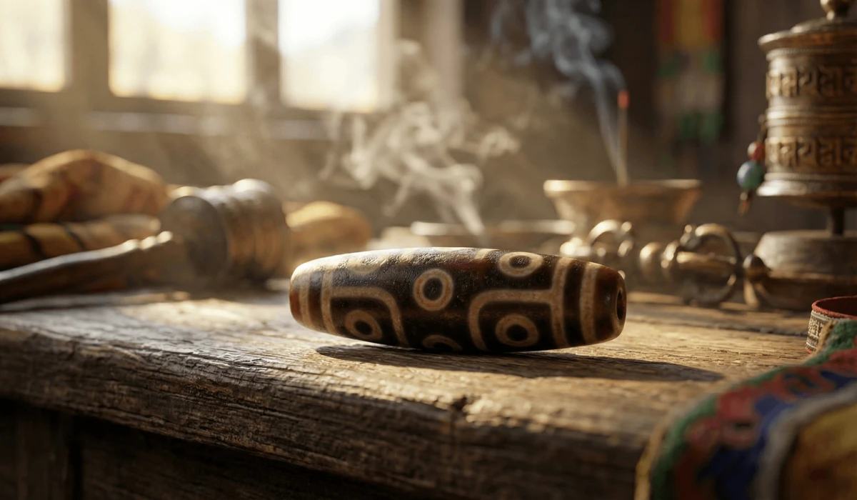 Authentic 9-eye Dzi bead, the king of all Dzi beads, showing distinct eye patterns on aged agate.