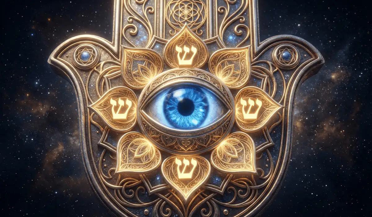 Detailed sacred geometry of the Hamsa Hand featuring the central eye and symbolic petals.