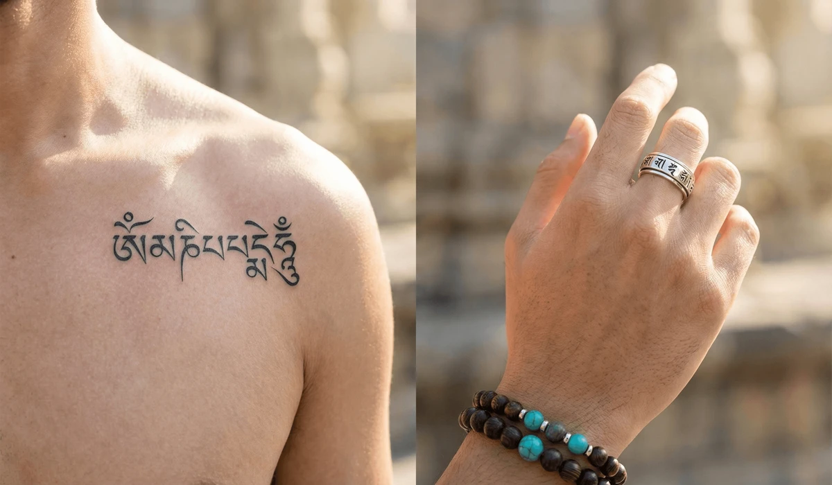 Comparison of a sacred mantra tattoo on the upper body and mantra-engraved jewelry on the wrist as spiritual tools.