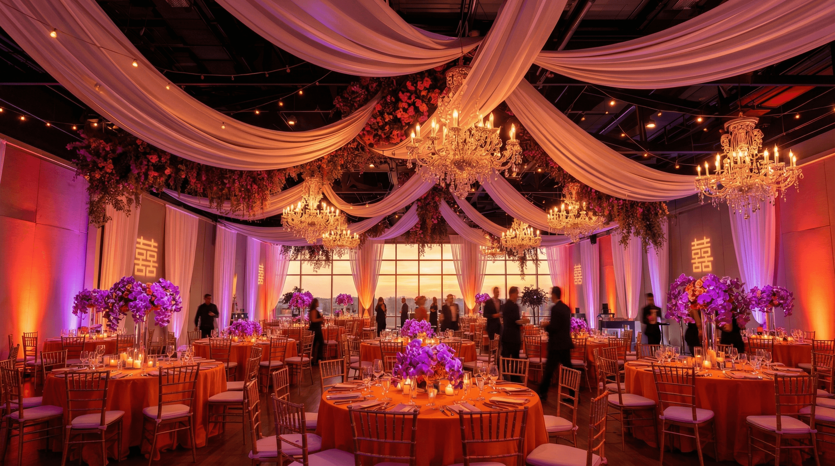 Modern wedding reception hall interior 2026 featuring Fire element colors and Feng Shui directional alignment.