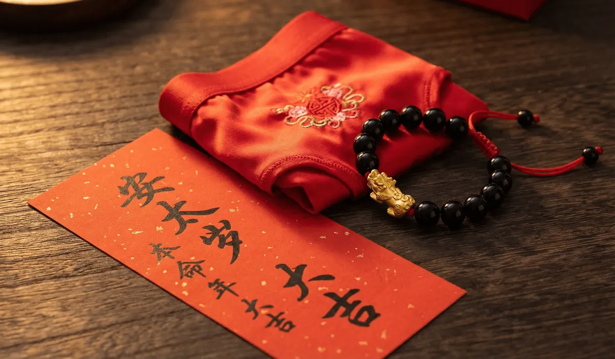 Traditional Chinese Ben Ming Nian remedies including red clothing and Pi Xiu charms for protection in 2026.