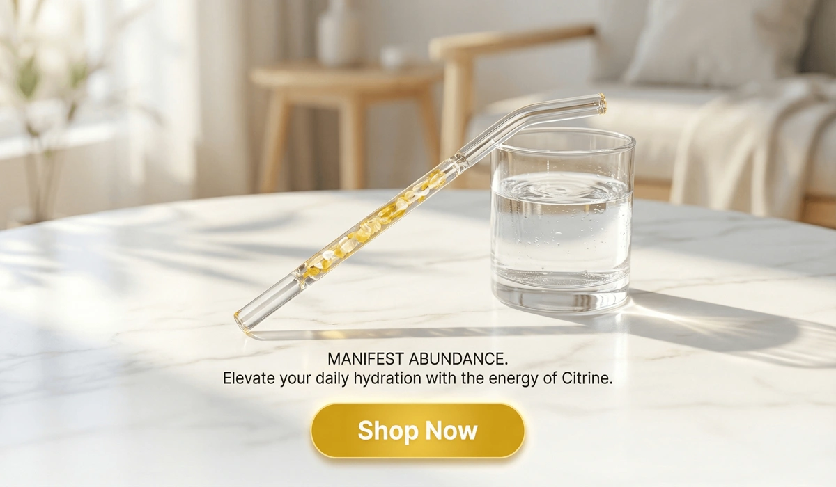 Reusable Citrine Crystal Straw for Wealth and Manifestation on a premium marble background with a Shop Now button for eco-friendly wellness products.