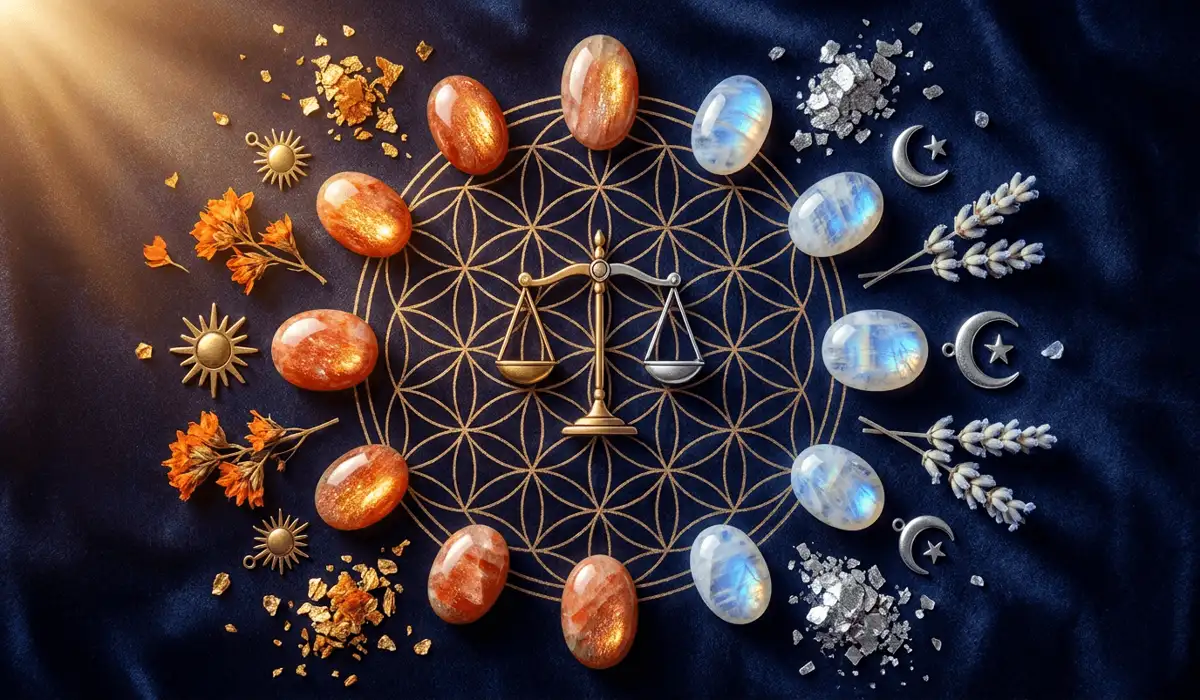 Balanced celestial arrangement featuring sunstone and moonstone crystals reflecting divine masculine solar and divine feminine lunar energies.