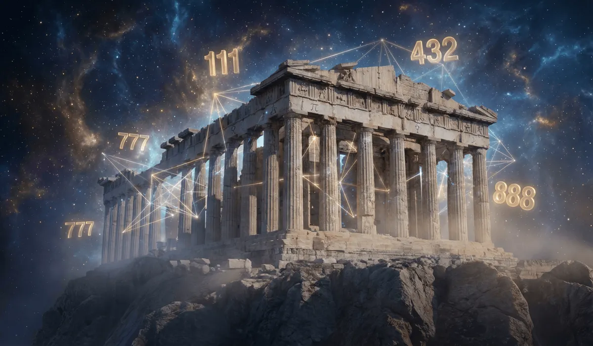Ancient Greek temple under a cosmic sky with glowing golden angel numbers representing sacred geometry and the music of the spheres.