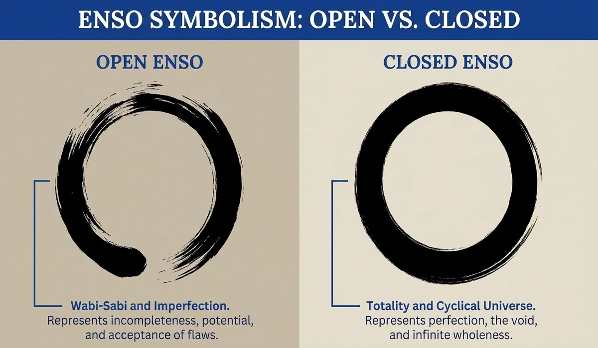 Comparison between an open Enso circle representing imperfection and a closed Enso circle representing wholeness.