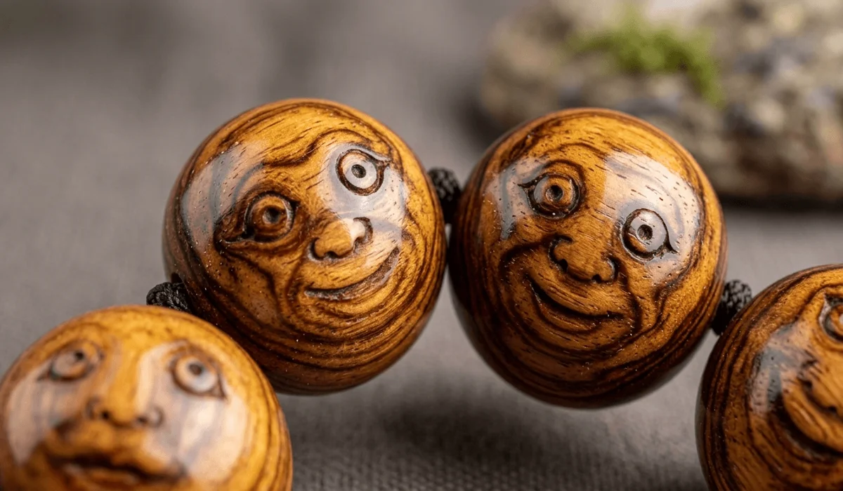 Close-up of Huanghuali wood beads showing unique ghost face grain patterns and natural oily luster.