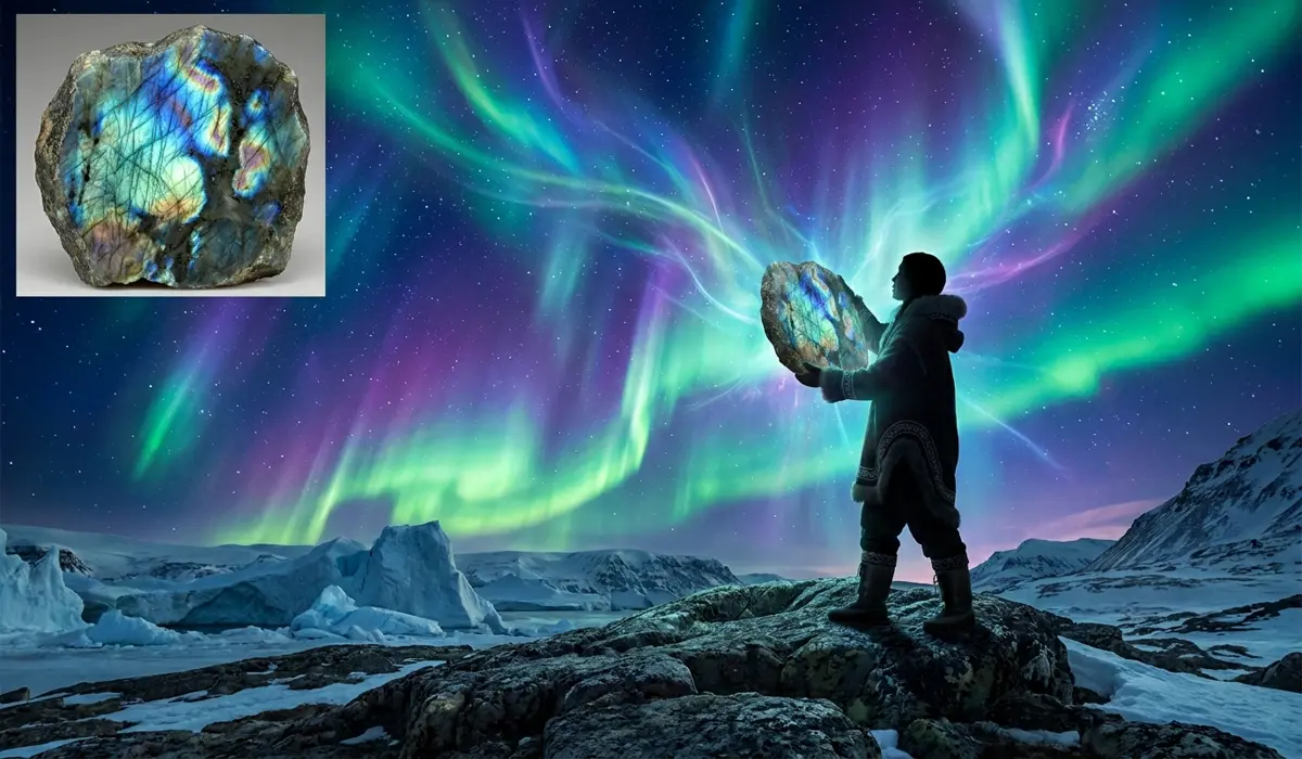 Labradorite stone reflecting the Northern Lights under a starry sky, representing its traditional symbolism as a frozen piece of the Aurora Borealis.