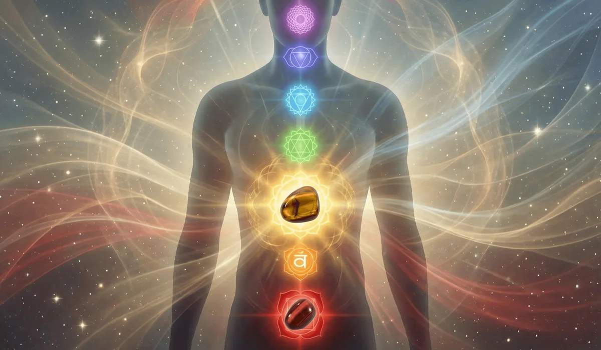 Spiritual diagram showing Golden Tiger's Eye at the Solar Plexus chakra and Red Tiger's Eye at the Root chakra.