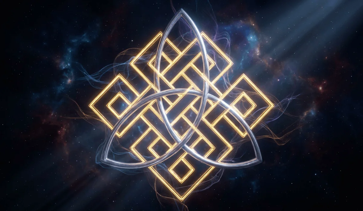 Sacred geometry representation contrasting the squared golden loops of the Buddhist Endless Knot with curved silver Celtic knot patterns against a cosmic backdrop.