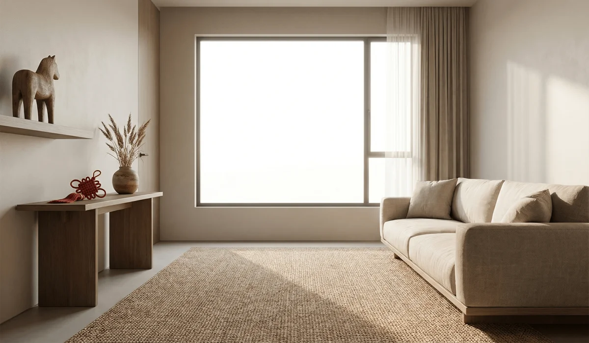 Feng Shui interior design for 2026 Year of the Horse featuring Earth elements to balance Fire energy.