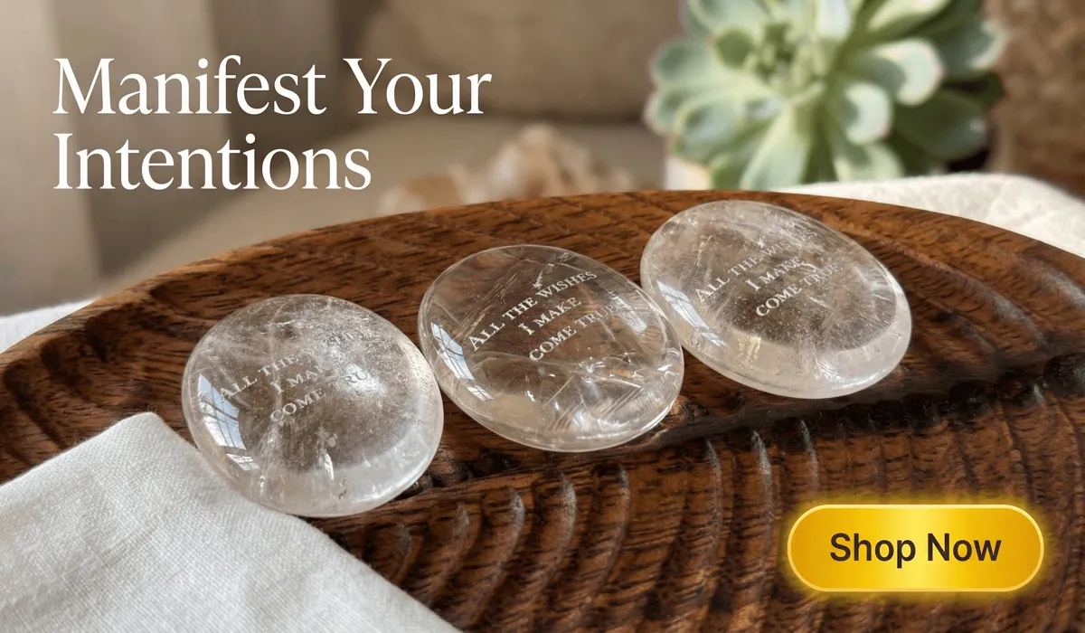 High-clarity natural clear quartz palm stones engraved with motivational quotes for meditation and manifestation, featuring a Shop Now button for e-commerce.