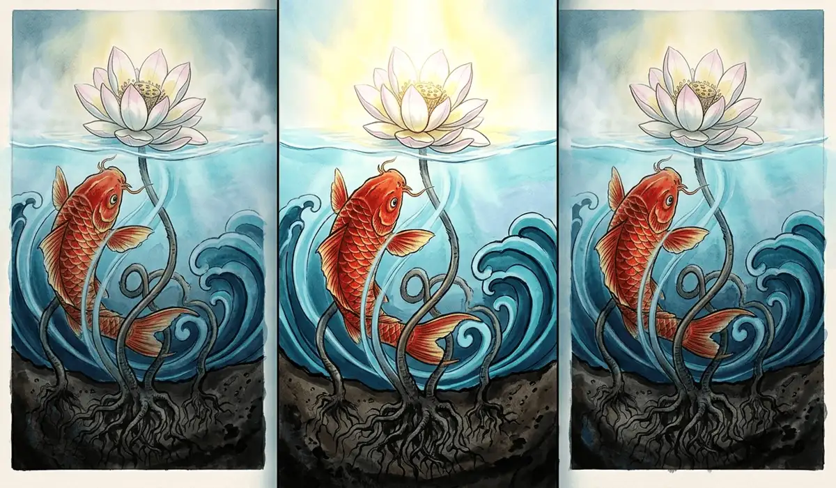 Artistic illustration of a lotus blooming from mud with a koi fish swimming toward the light, symbolizing resilience and spiritual growth.