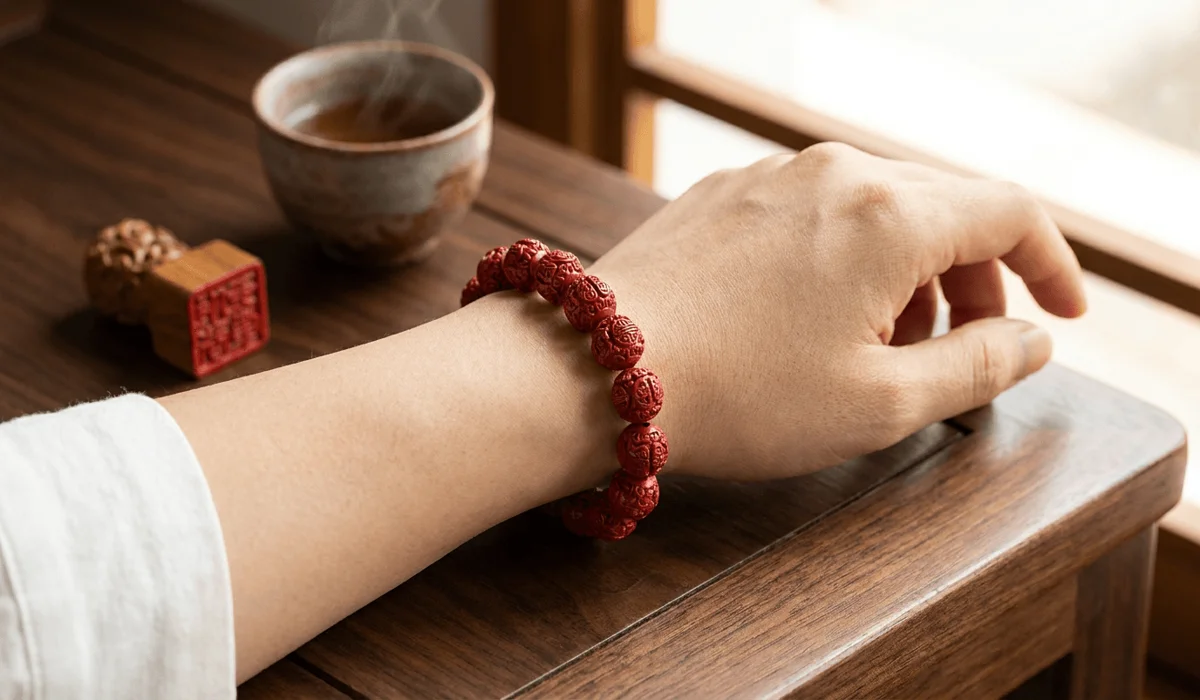 Person wearing a genuine carved cinnabar protection bracelet on the right wrist for daily energy boundary protection.