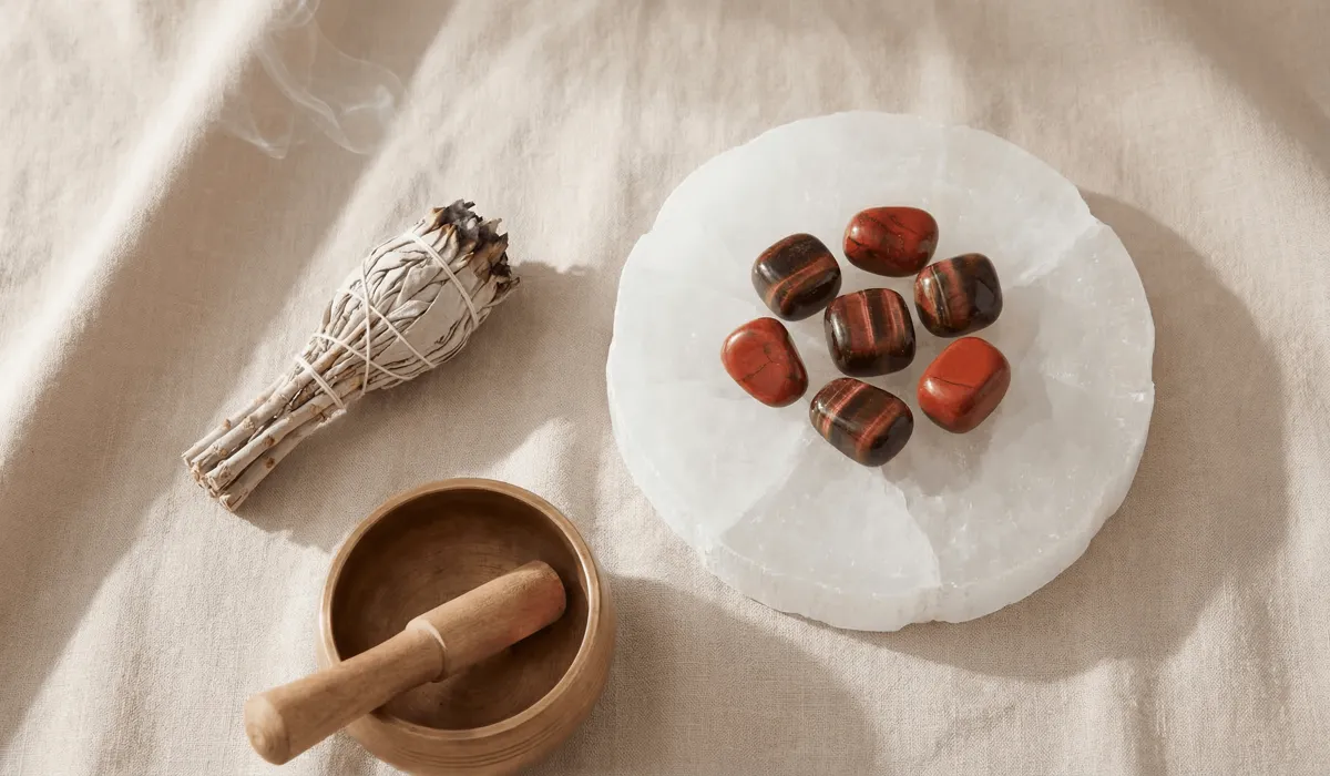 Red Jasper and Red Tiger Eye crystals being cleansed and charged on a Selenite plate with sage.