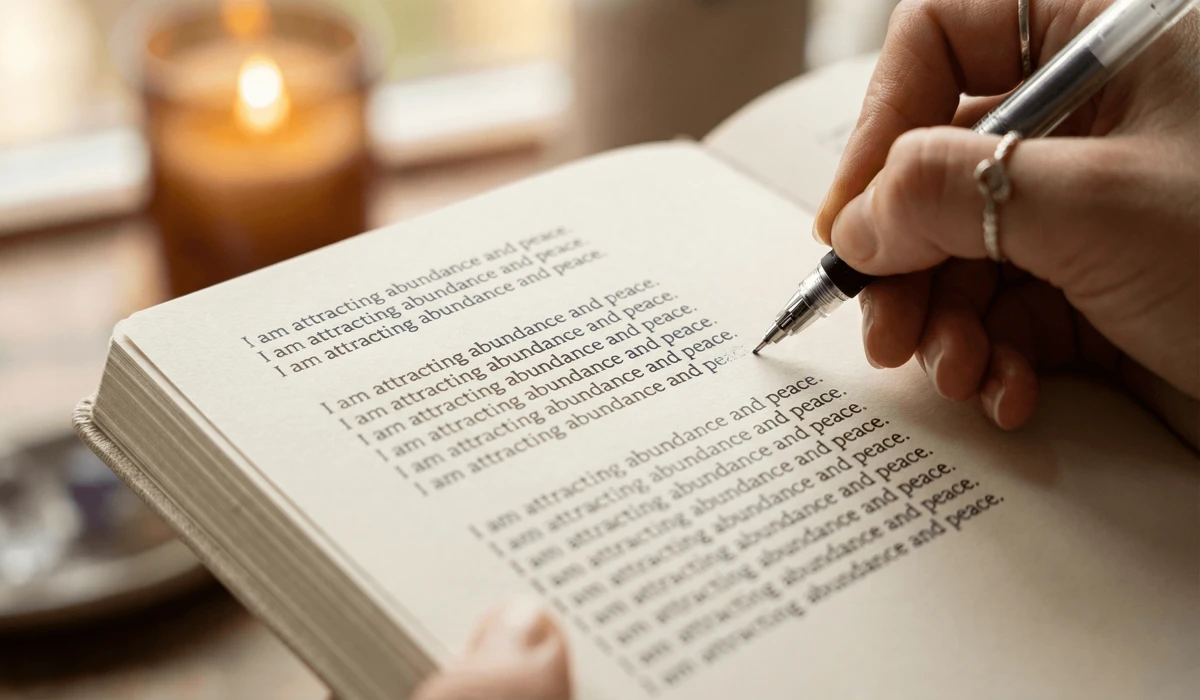 Close-up of the 369 manifestation method being written in a journal with silver ink.