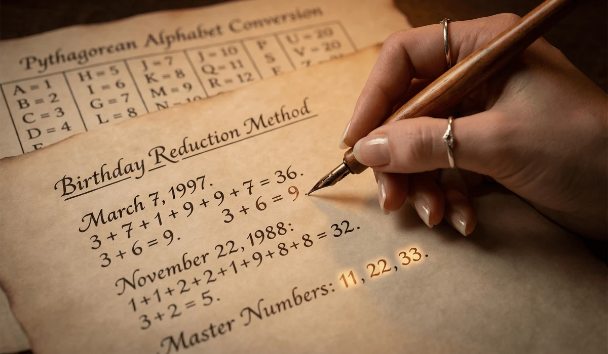 Close-up of hand calculating angel numbers using the birthday reduction method and Pythagorean numerology chart.