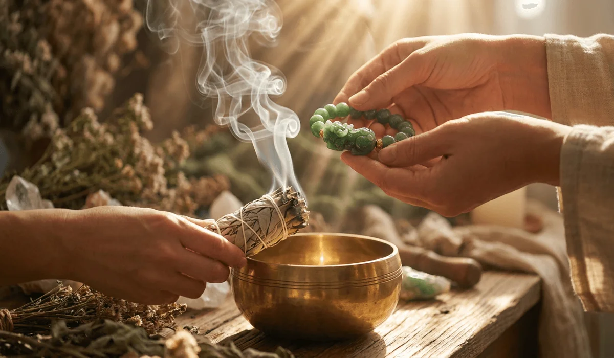 A spiritual cleansing and activation ritual of a Pixiu talisman using sage smoke and a singing bowl for spiritual energy alignment.