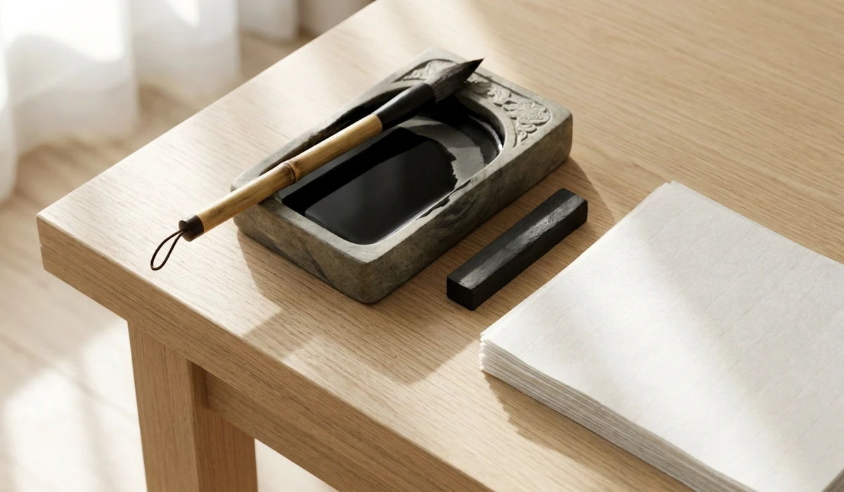 Traditional Japanese Zen calligraphy tools including a Fude brush, Sumi-e ink stick, and rice paper arranged for Enso meditation.
