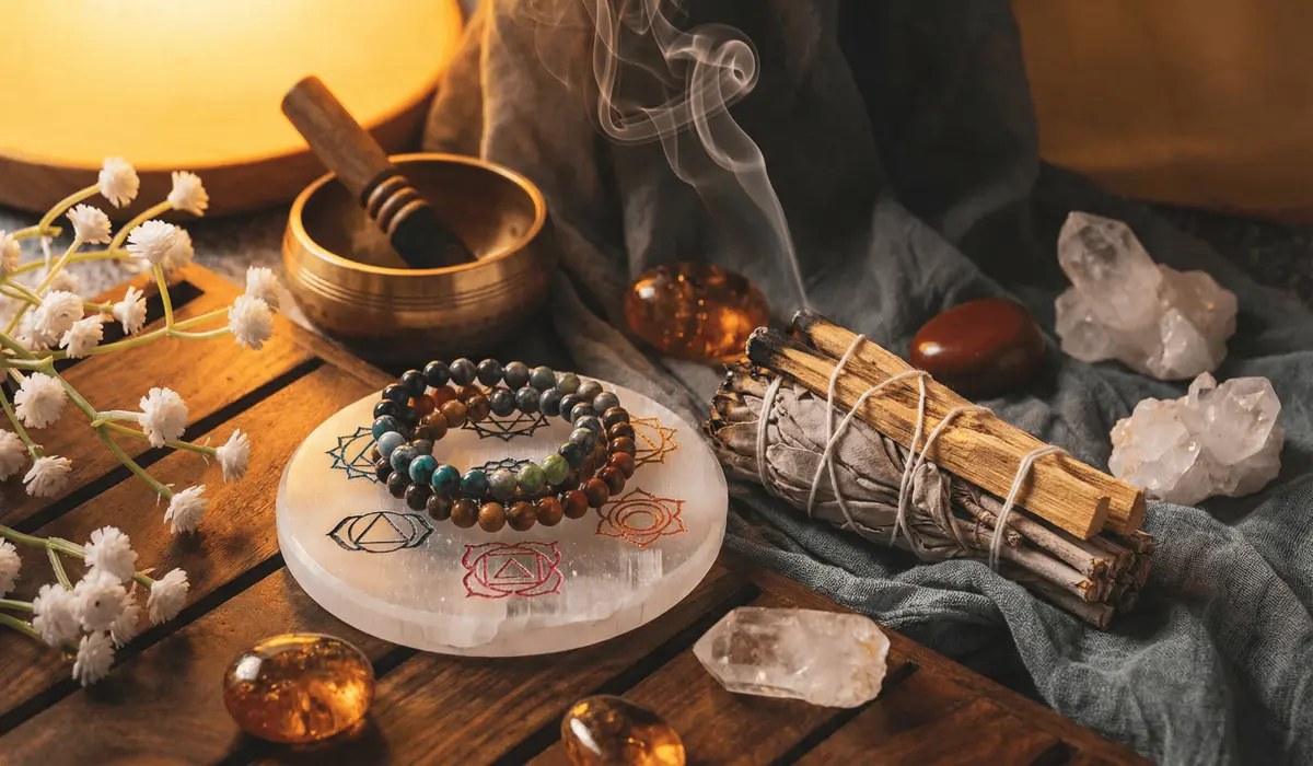 A 7 chakra mala being cleansed with white sage and a selenite plate on a spiritual altar.