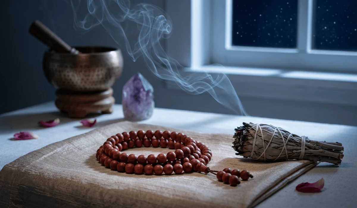 A red sandalwood mala being cleansed with sage smoke on a sacred altar under moonlight.