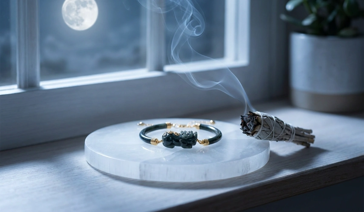 A Pixiu anklet being cleansed with sage smoke and charged under full moonlight on a selenite plate for energy renewal.