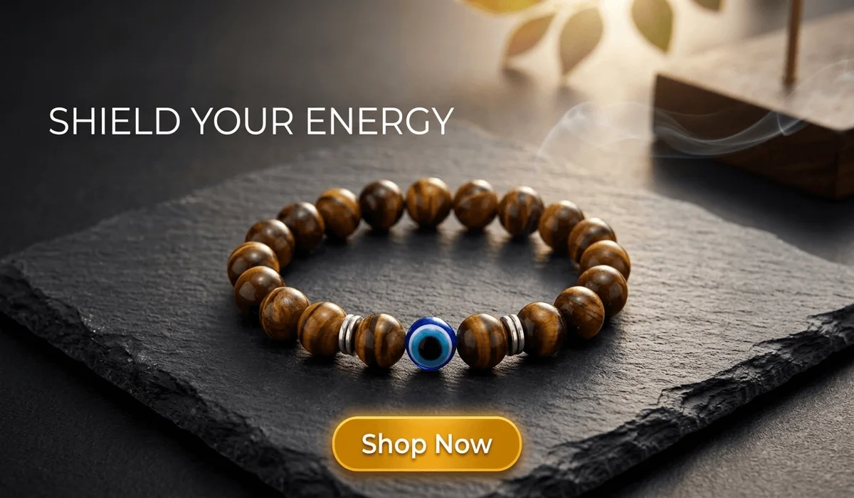 Negativity-Blocking Evil-Eye Tiger's Eye Bracelet for protection and steady luck, featuring golden-brown beads and a blue evil eye symbol on a luxury background.