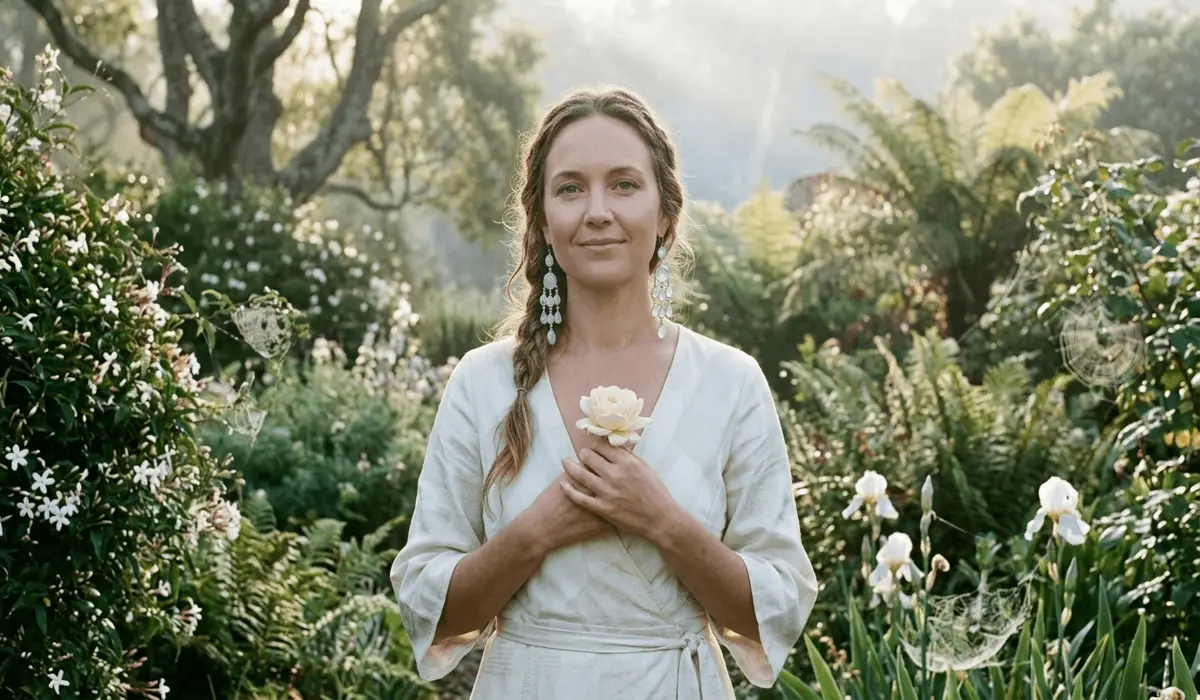 A woman wearing moonstone earrings symbolizing divine feminine energy and life transitions.