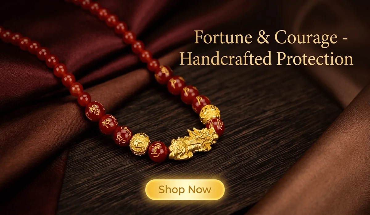 Red Agate Pixiu Fortune Necklace on luxury background with Shop Now button.